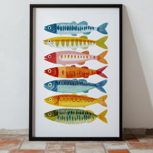 Colorful fish illustrations arranged vertically in a framed print.