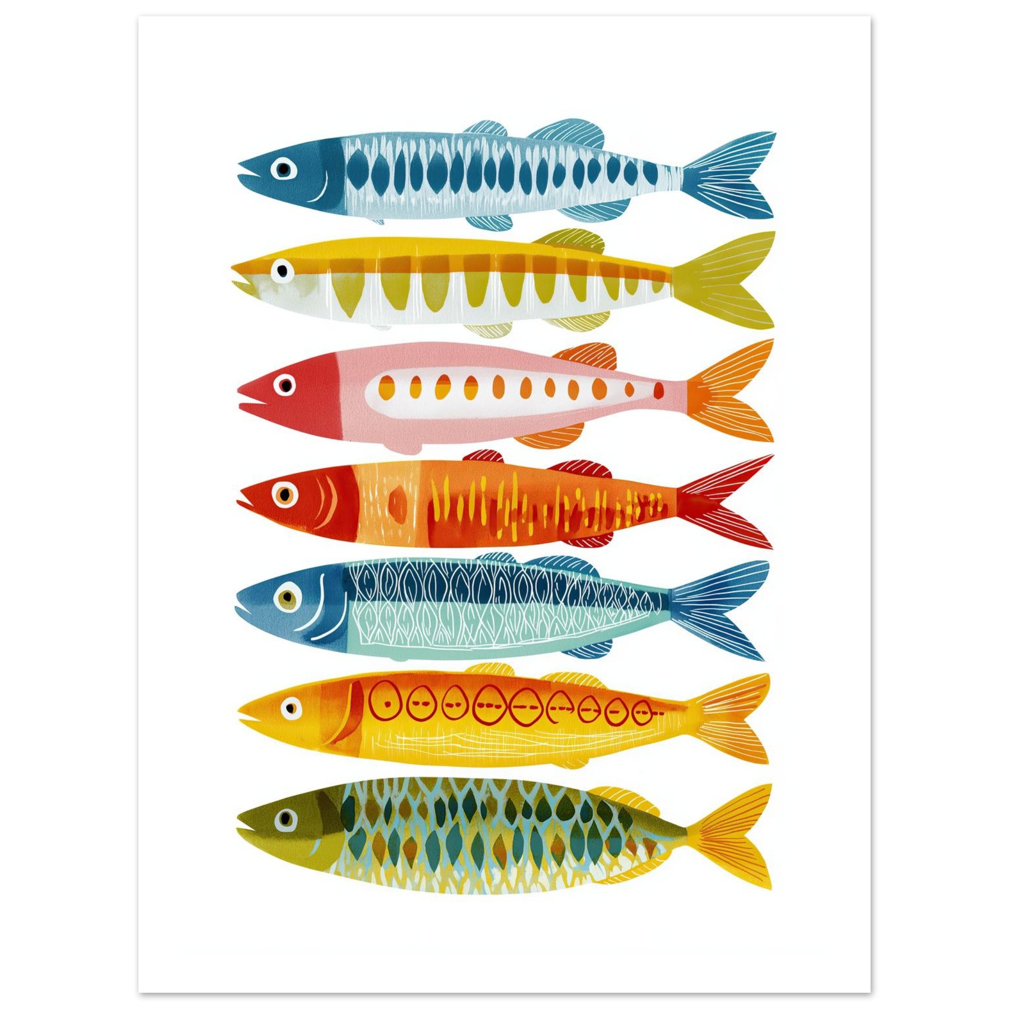 Colorful illustration of seven fish in various patterns and colors.