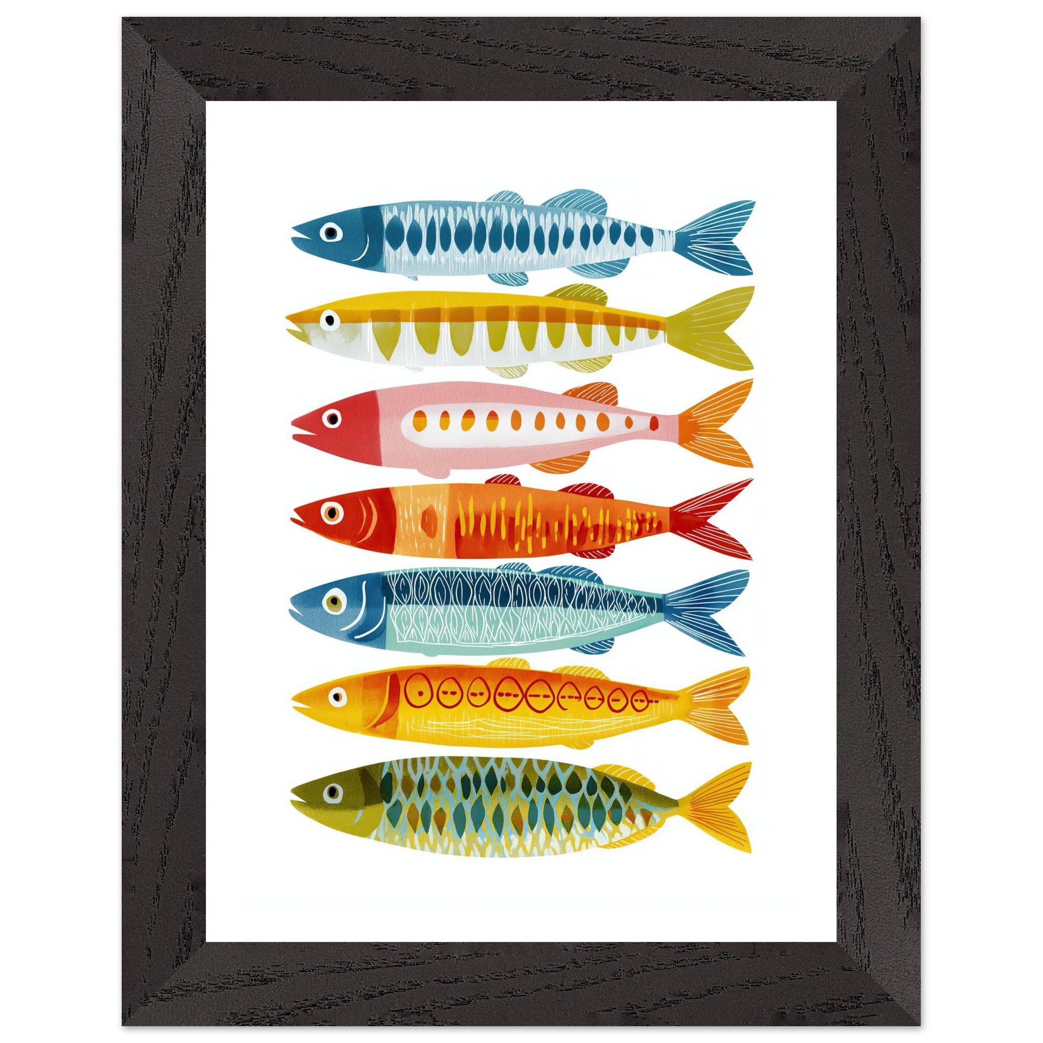 Colorful fish illustrations arranged in a black-framed poster.