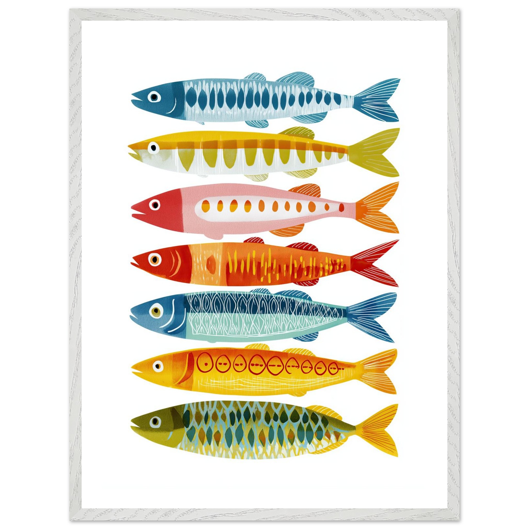 Colorful fish illustration in a white frame on a plain background.