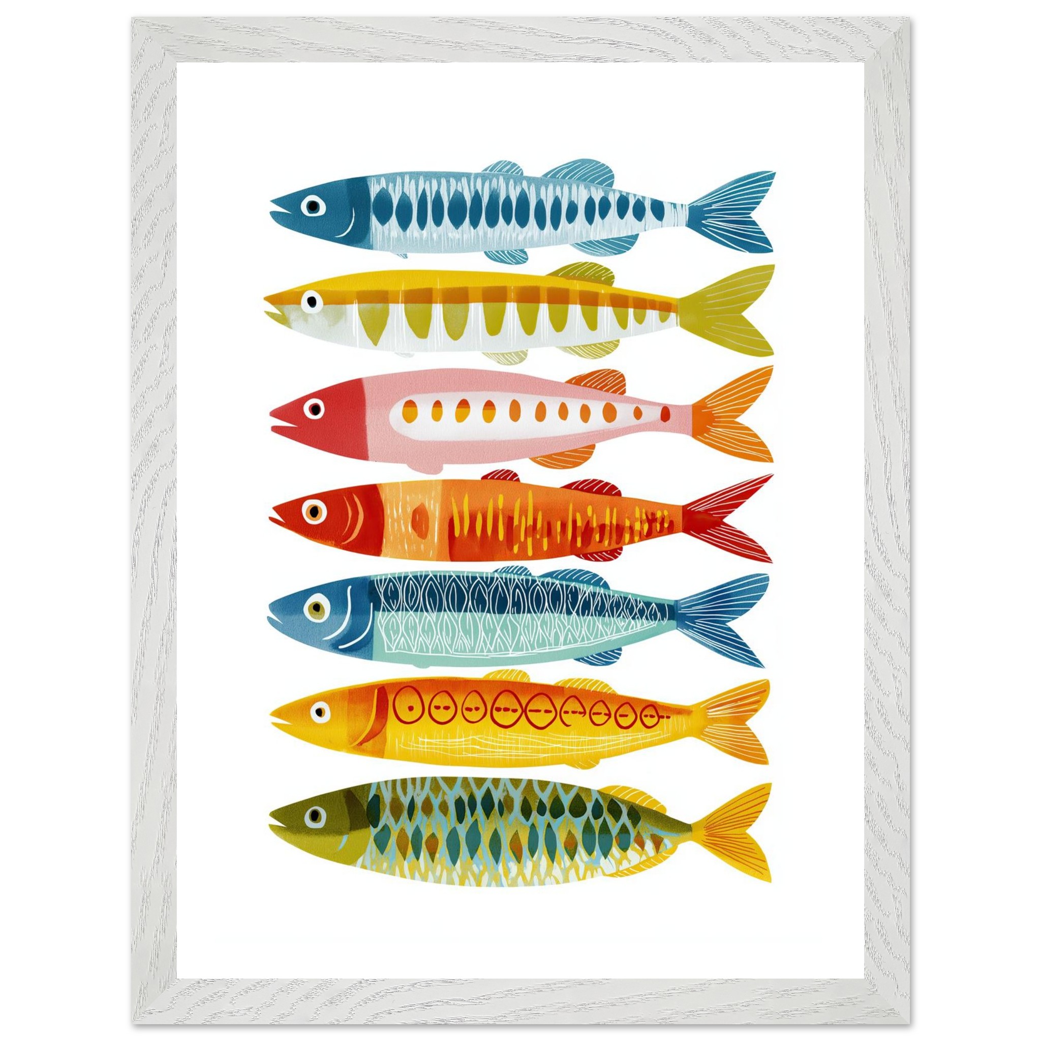 Colorful fish illustration in a white wooden frame.