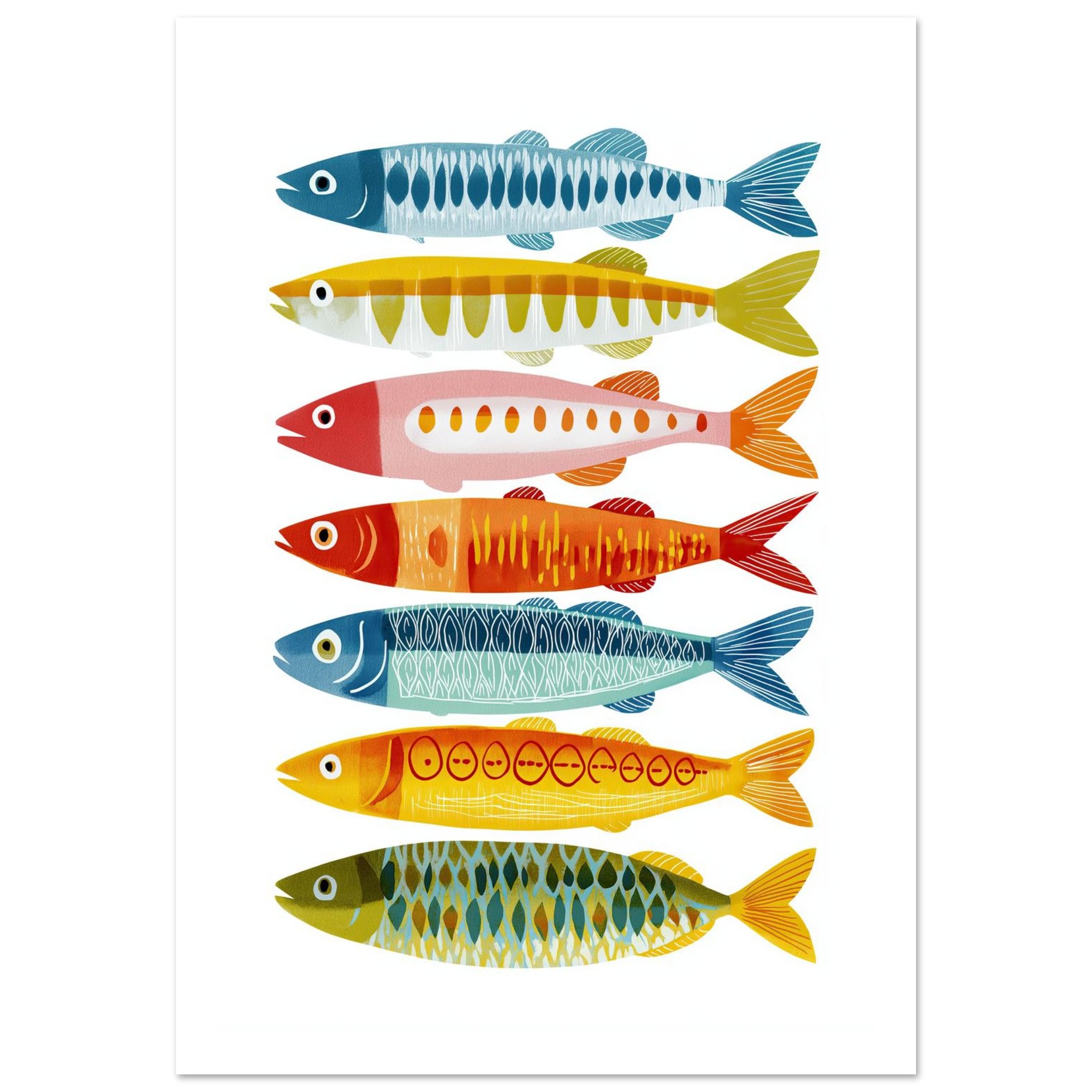 Colorful fish illustrations arranged in a horizontal line on a white background.