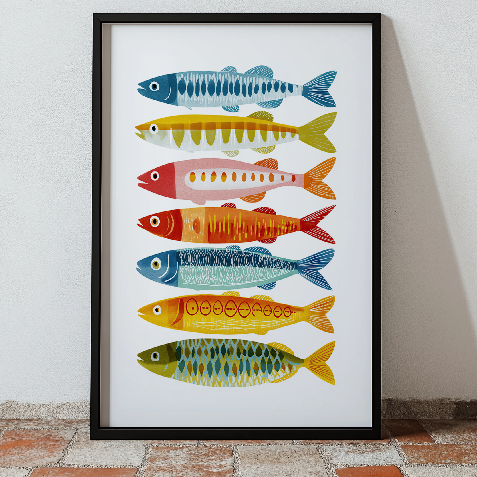 Colorful fish illustrations arranged vertically in a framed print.
