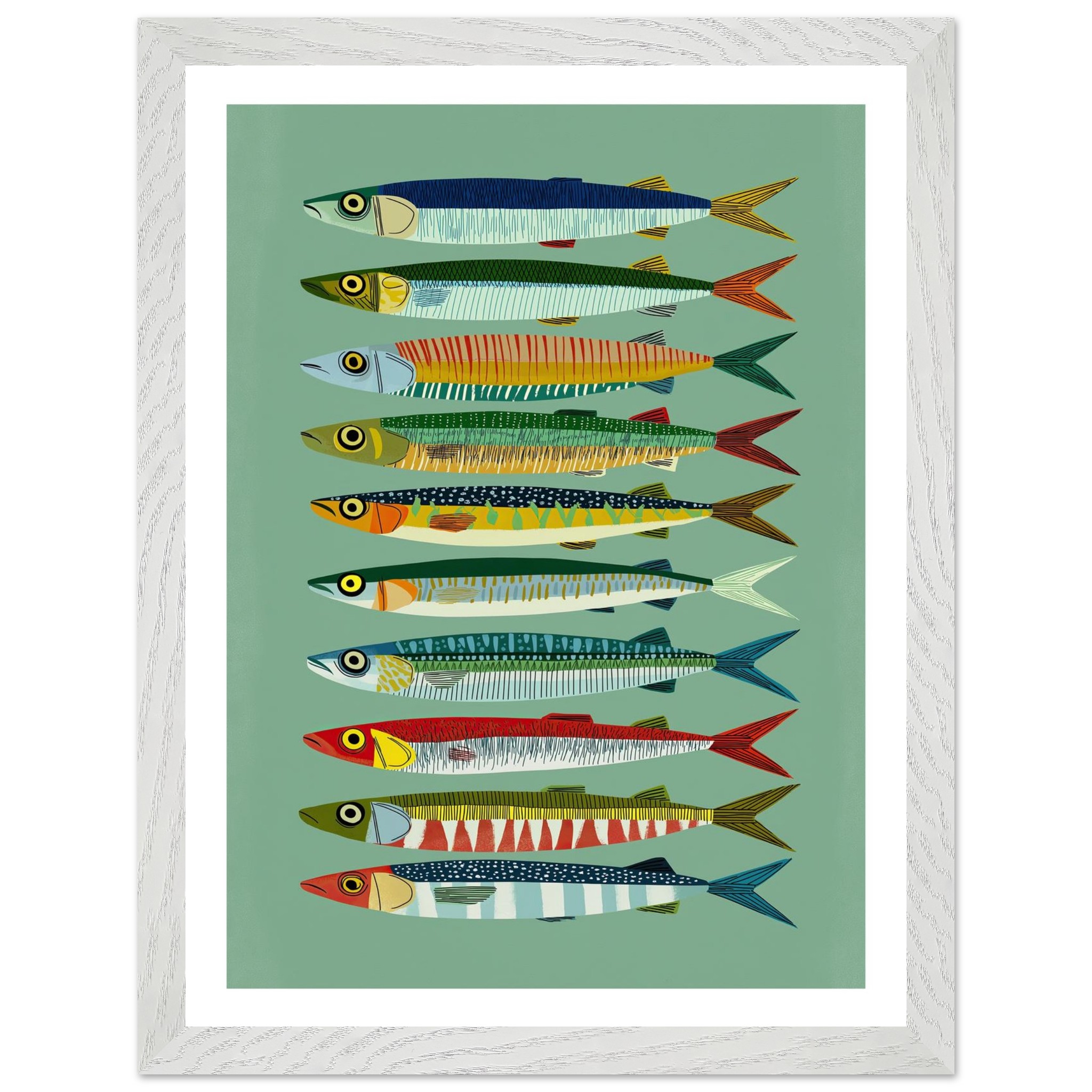 Colorful fish illustrations arranged in vertical rows on a green background.