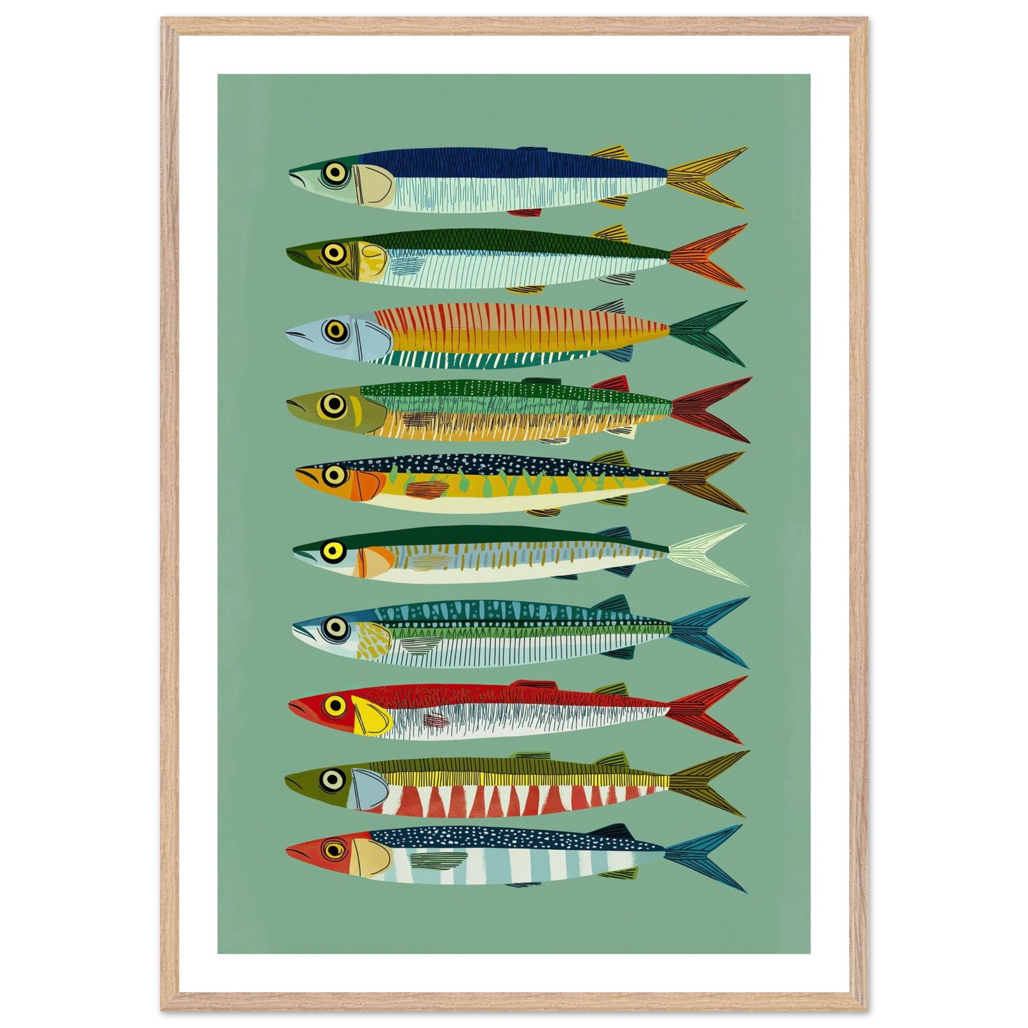 Colorful fish illustration arranged in a vertical pattern on green background.