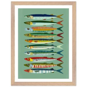 Colorful fish illustrations arranged in a vertical pattern on a green background.
