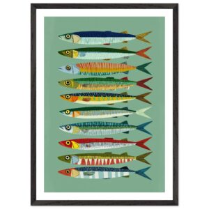 Colorful fish illustrations arranged in rows on a green background.