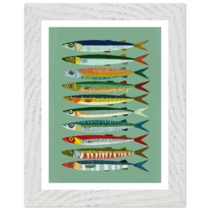 Colorful fish illustration in a white frame on a green background.
