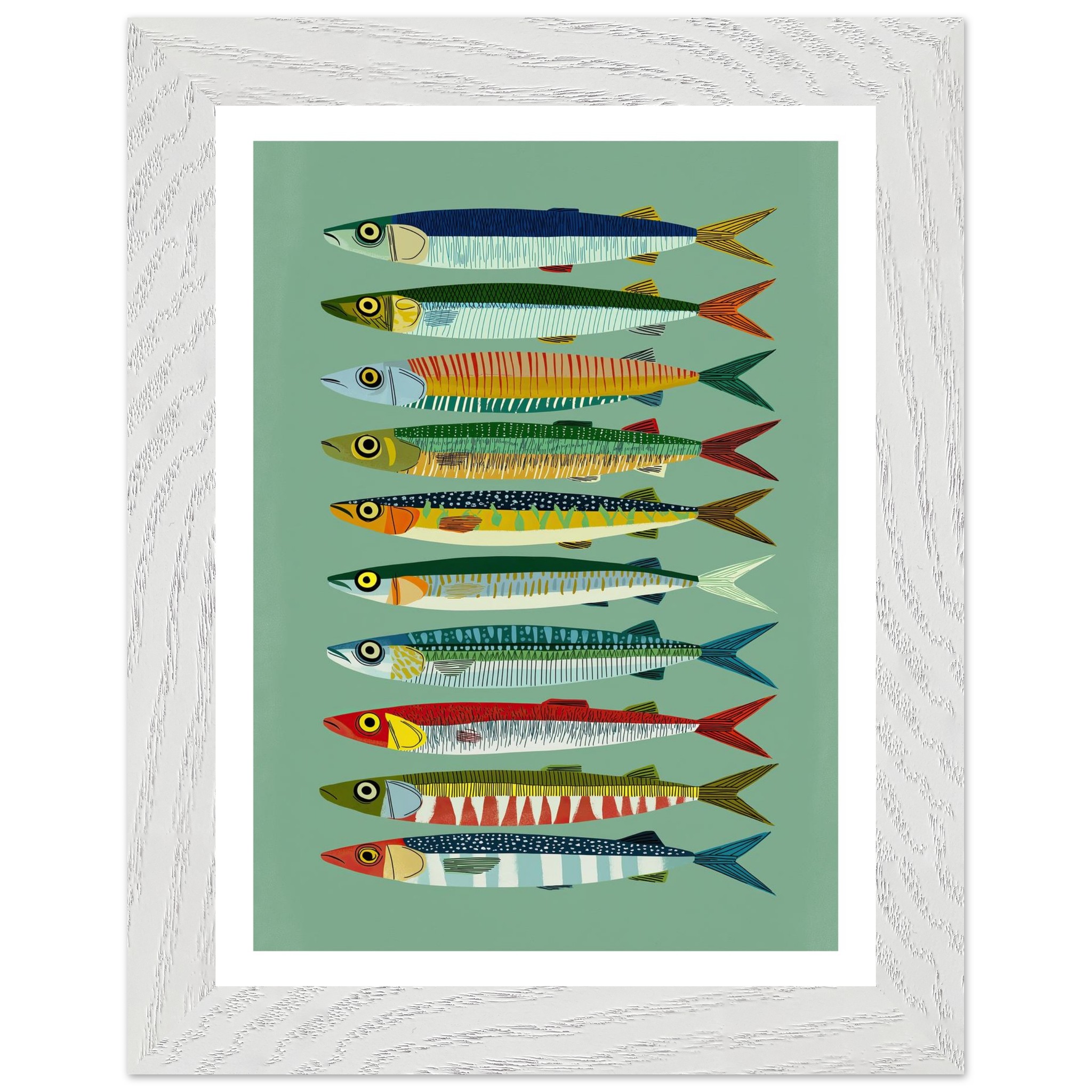 Colorful fish illustration in a white frame on a green background.