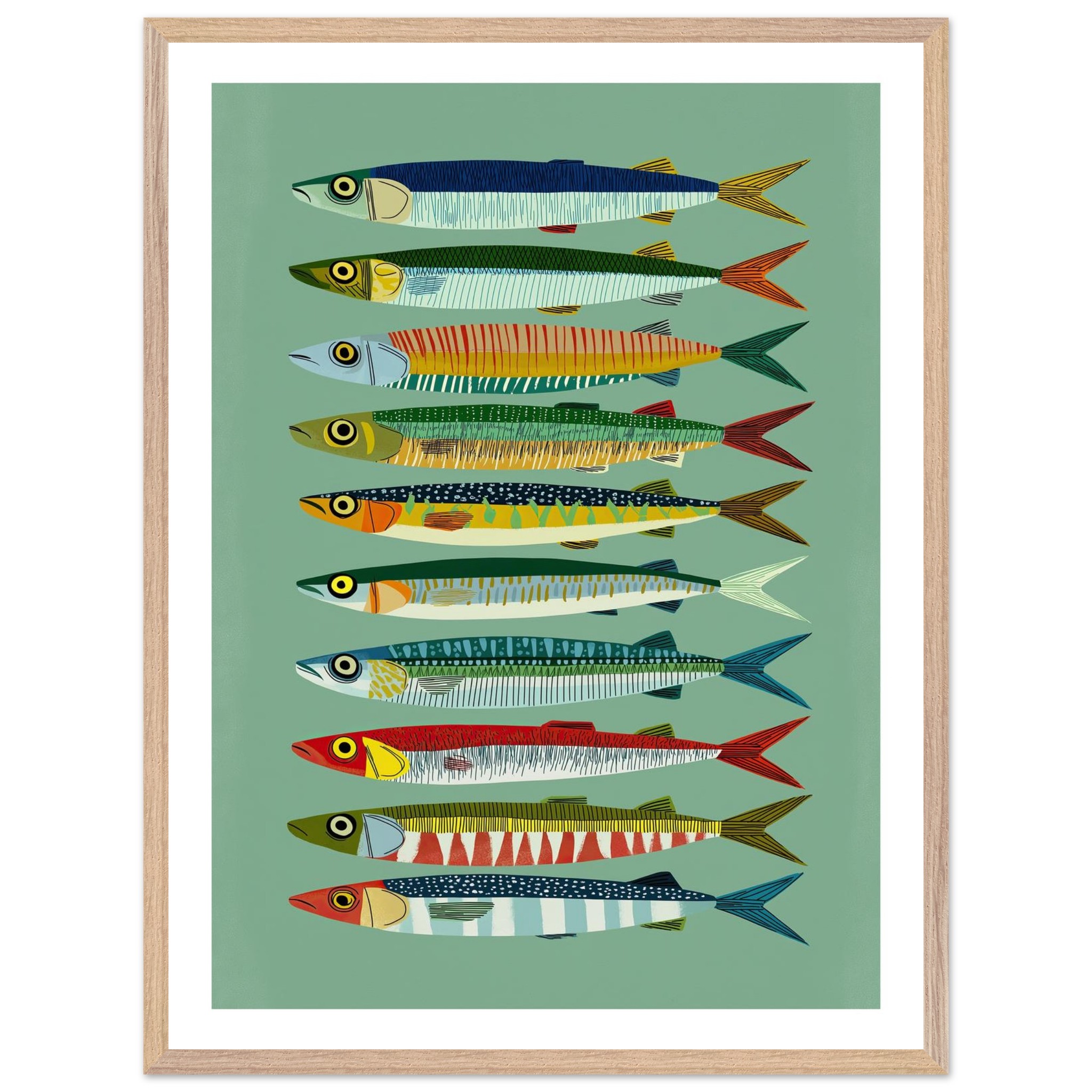 Colorful fish illustrations arranged in a vertical pattern on a green background.