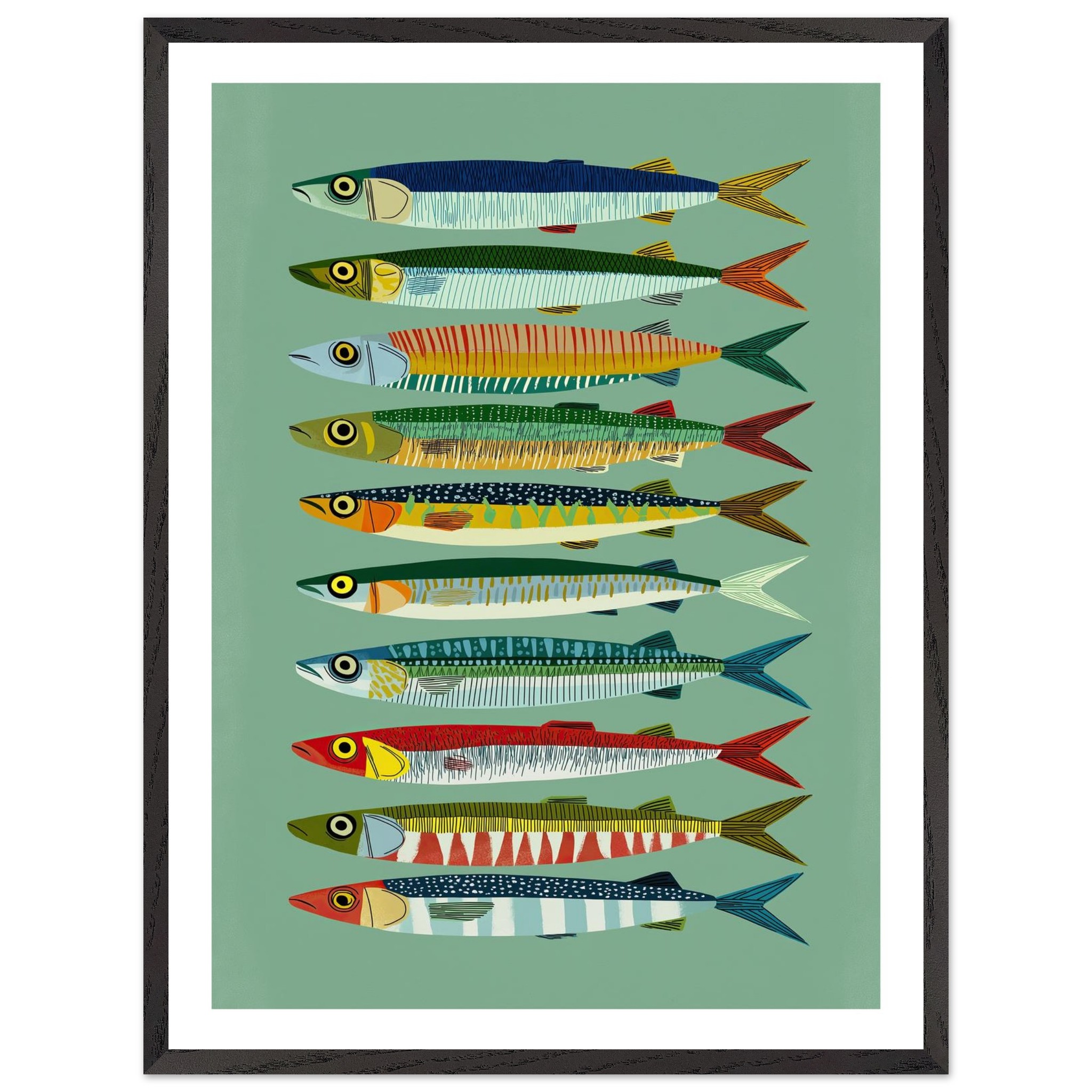 Colorful fish illustrations arranged vertically on a green background.