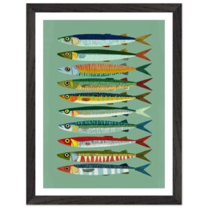 Colorful fish illustration in a black-framed poster on a green background.