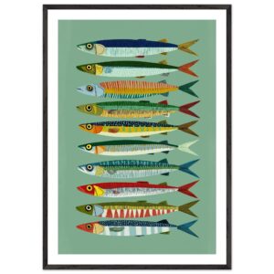 Colorful fish illustrations arranged in a vertical pattern on a green background.