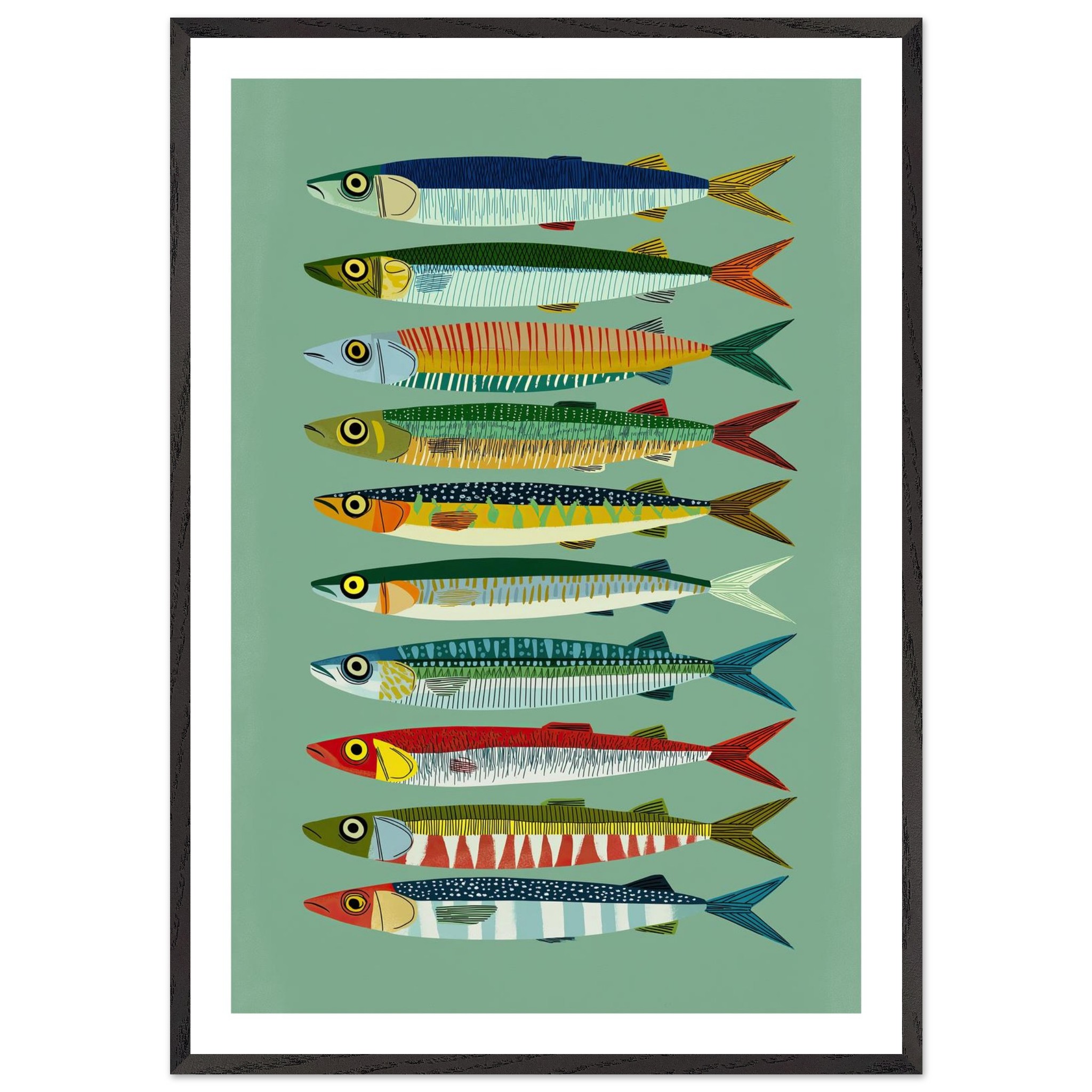 Colorful fish illustrations arranged in a vertical pattern on a green background.