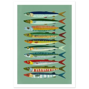 Colorful fish illustrations arranged in rows on a green background.