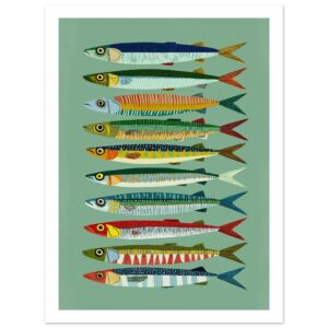 Colorful fish illustrations arranged in vertical rows on a green background.