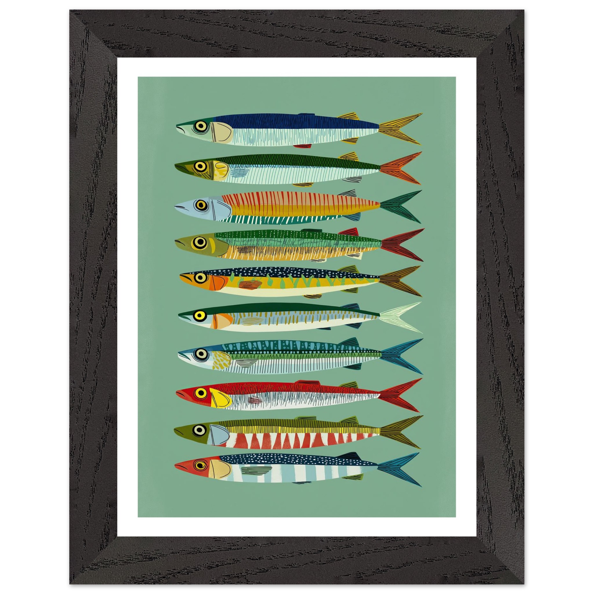 Framed poster featuring colorful sardine illustrations on a green background.