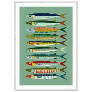 Colorful fish illustrations arranged in a vertical pattern on a green background.