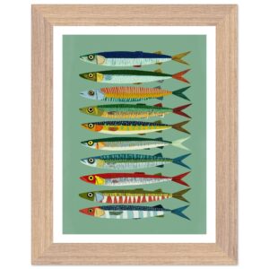 Framed poster featuring colorful sardine illustrations on a green background.