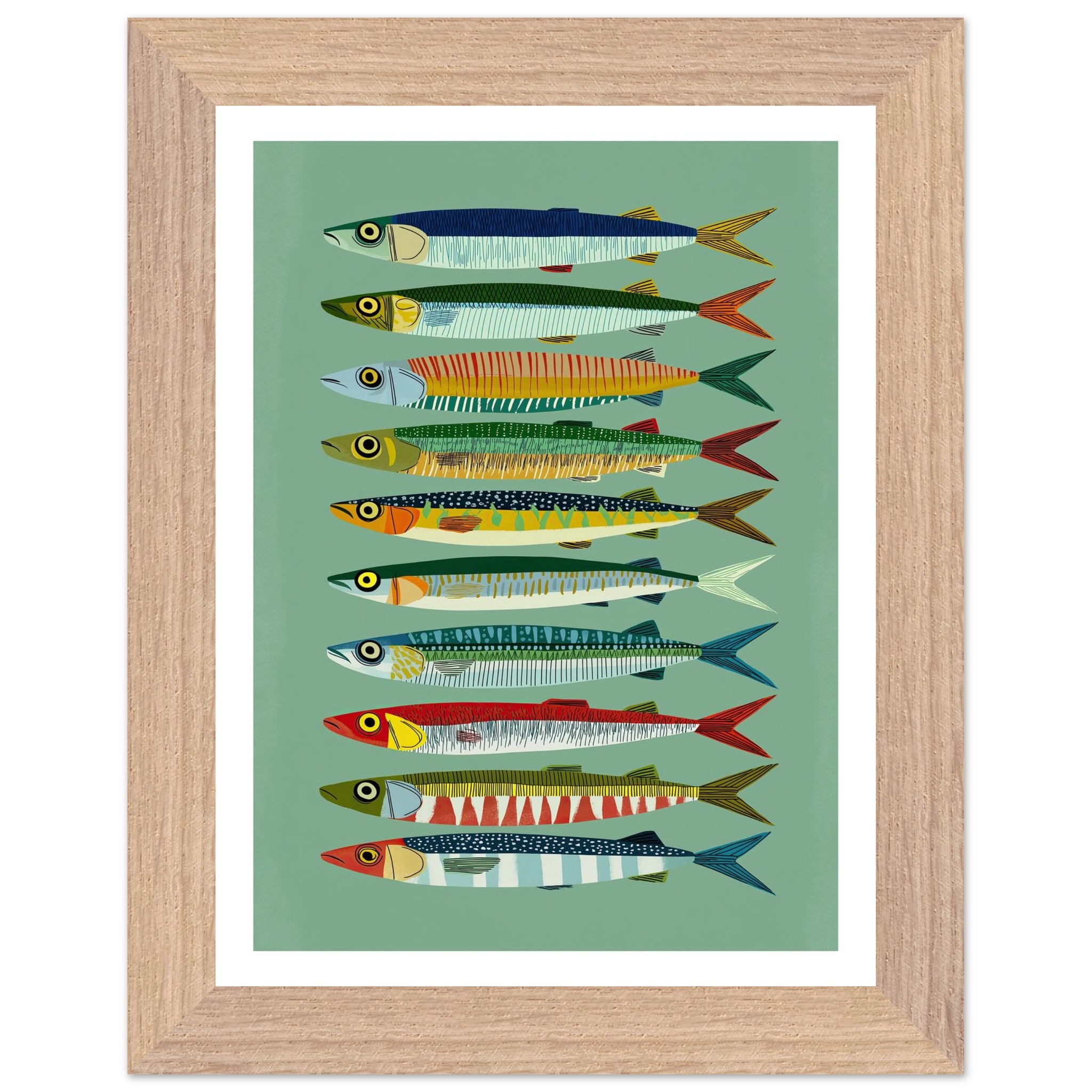 Framed poster featuring colorful sardine illustrations on a green background.
