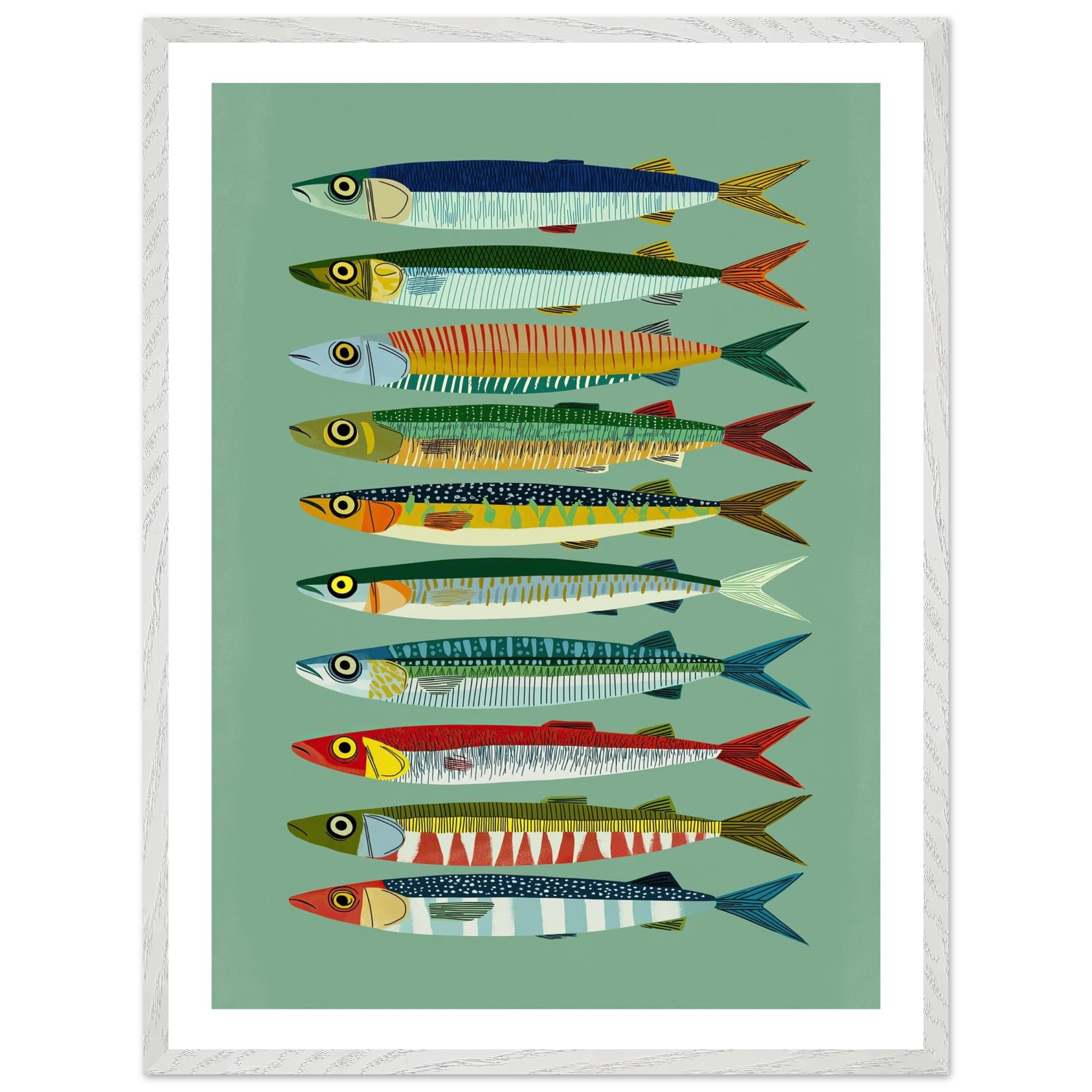 Colorful fish illustrations arranged in vertical rows on a green background.