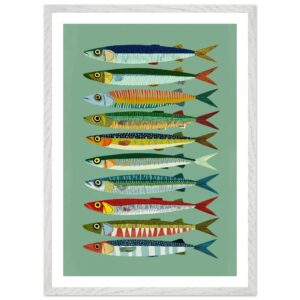 Colorful fish illustrations arranged in a vertical line on a green background.