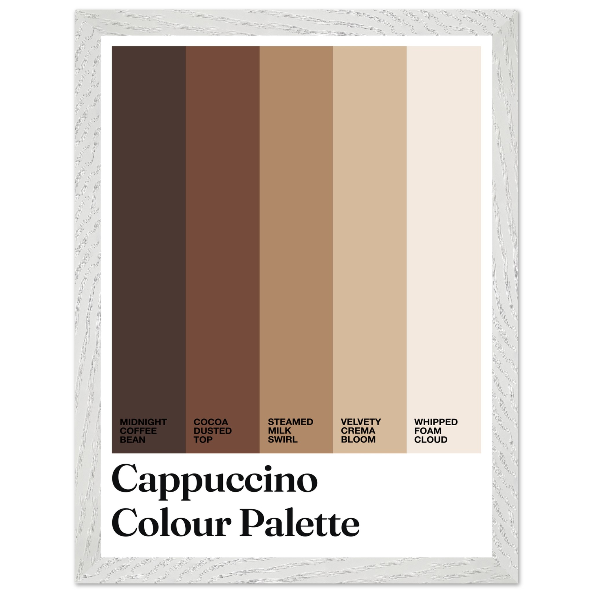 Cappuccino color palette print with various brown and beige shades.