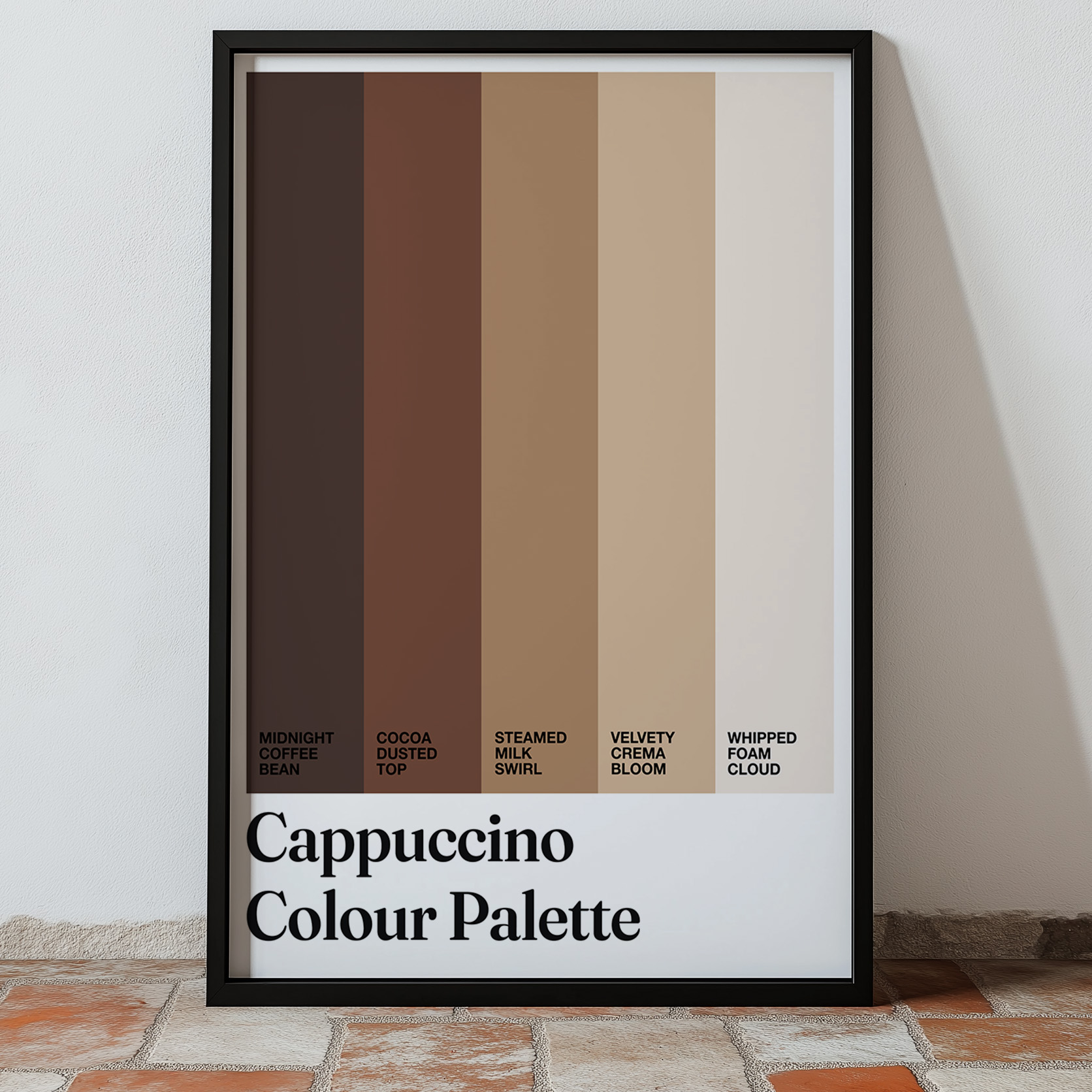 Framed print displaying cappuccino color palette with typography.
