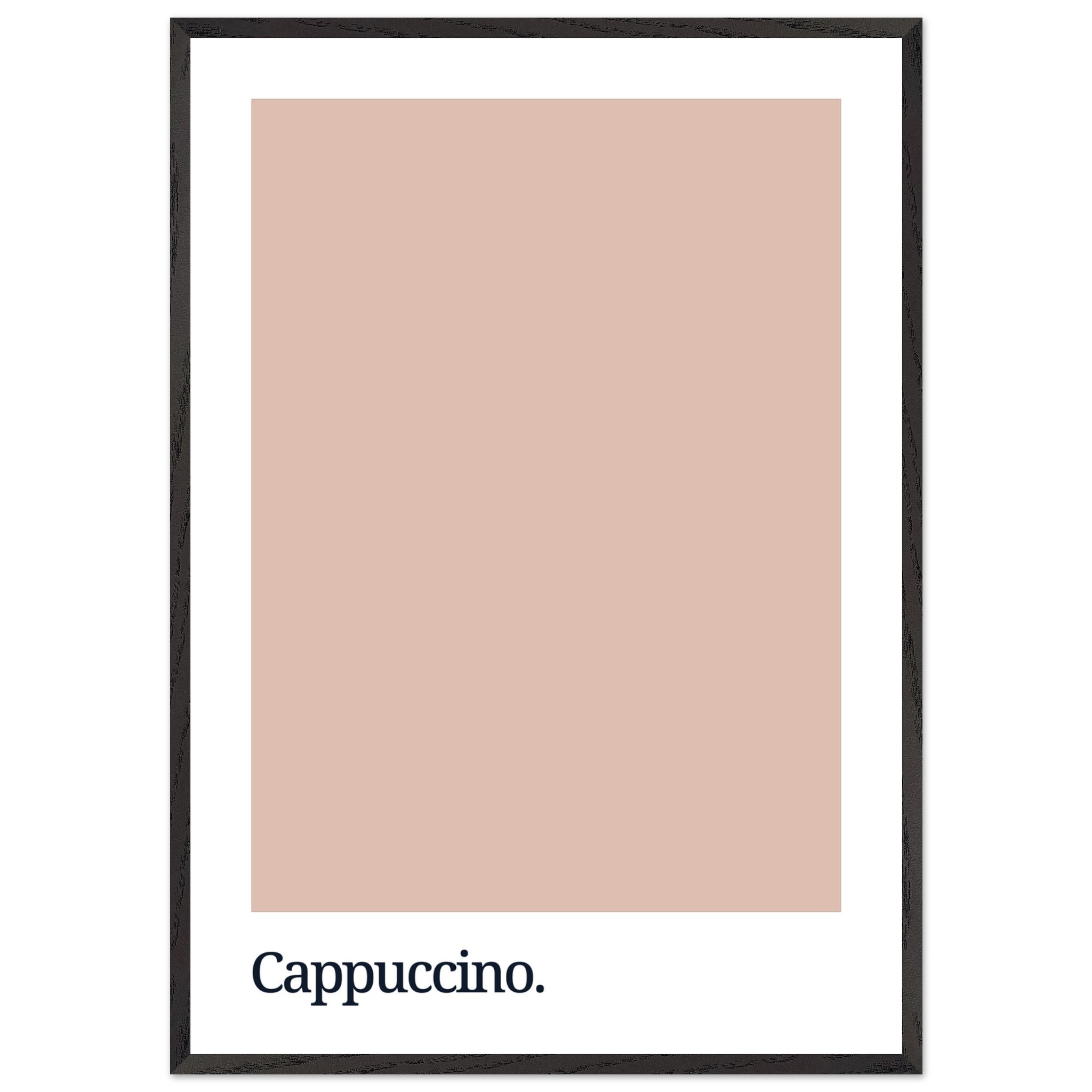 A minimalist poster featuring a large cappuccino-colored swatch above the word "Cappuccino." in a simple black font, framed in a thin black border.