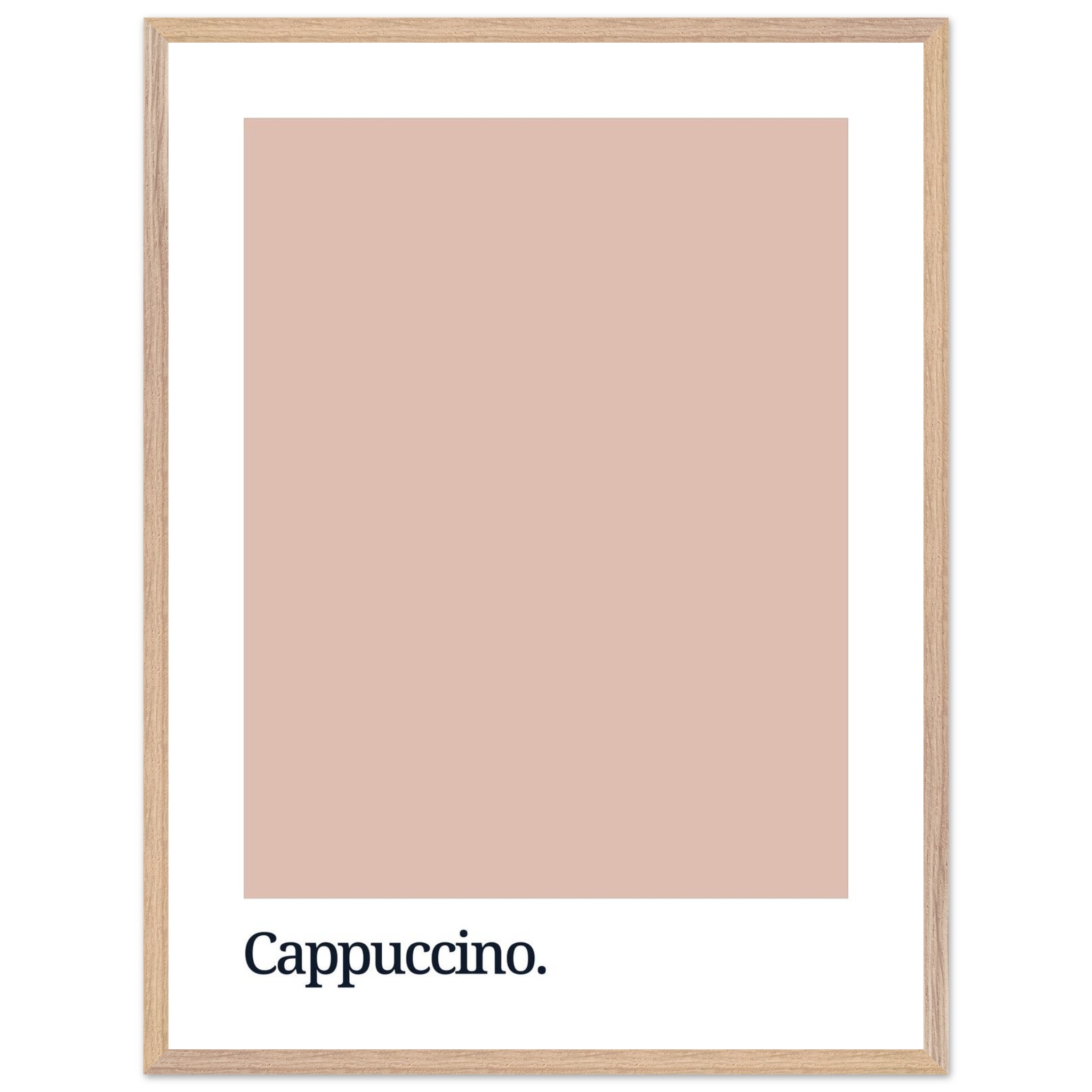 A framed print featuring a solid cappuccino-colored swatch above the word "Cappuccino." in bold black typography, set against a white background.