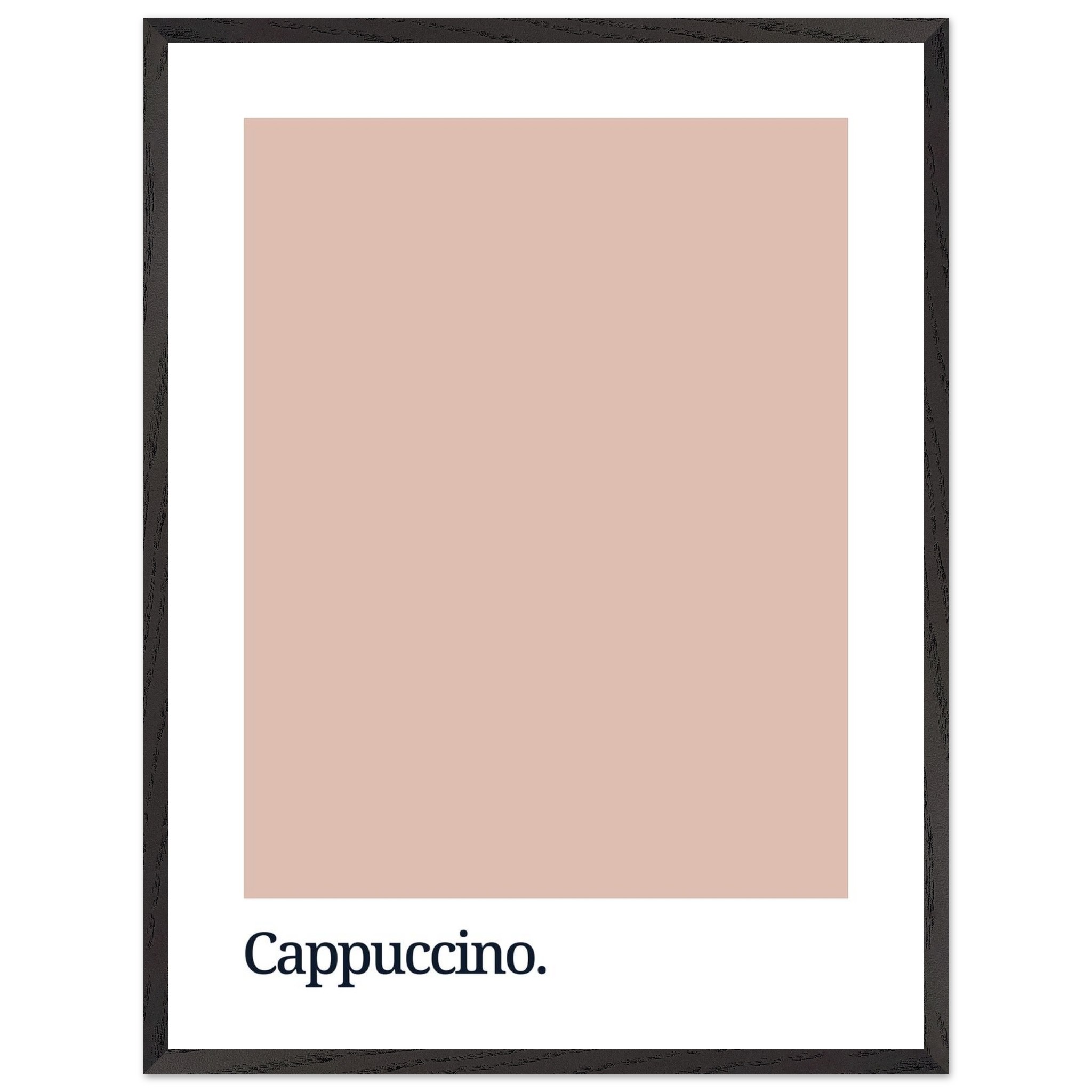 A minimalist wall art print featuring a large cappuccino-colored square with the word "Cappuccino." in bold black typography at the bottom, framed in black.