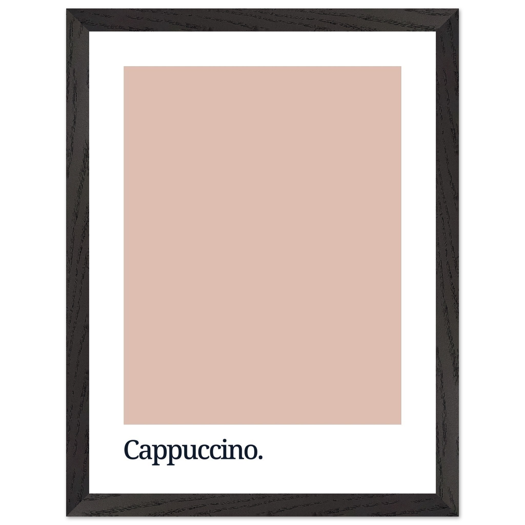 A framed print featuring a soft cappuccino-colored background with the word "Cappuccino." in bold black typography at the bottom.