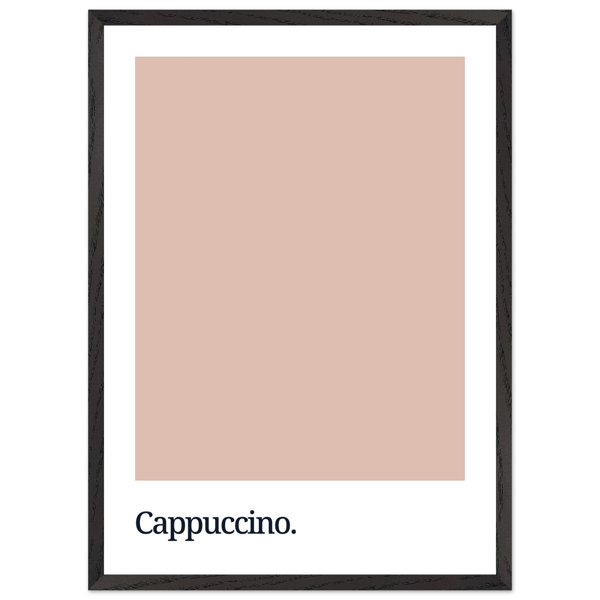 A framed print featuring a soft cappuccino-colored background with the word "Cappuccino." in bold black typography at the bottom, set against a white border.