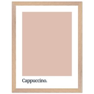A framed print featuring a cappuccino-colored background with the word