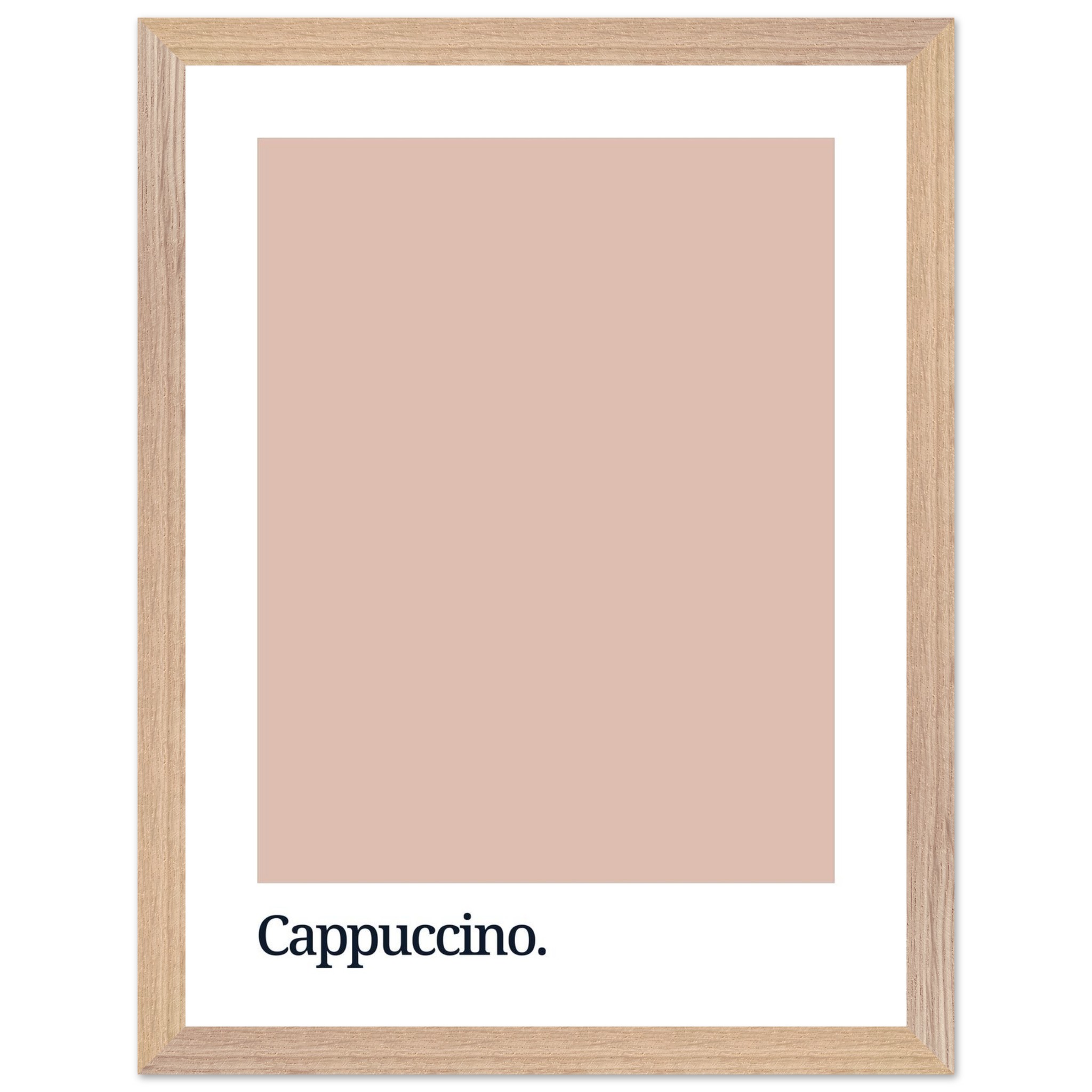 A framed print featuring a cappuccino-colored background with the word "Cappuccino." in bold black typography at the bottom, set against a white border.