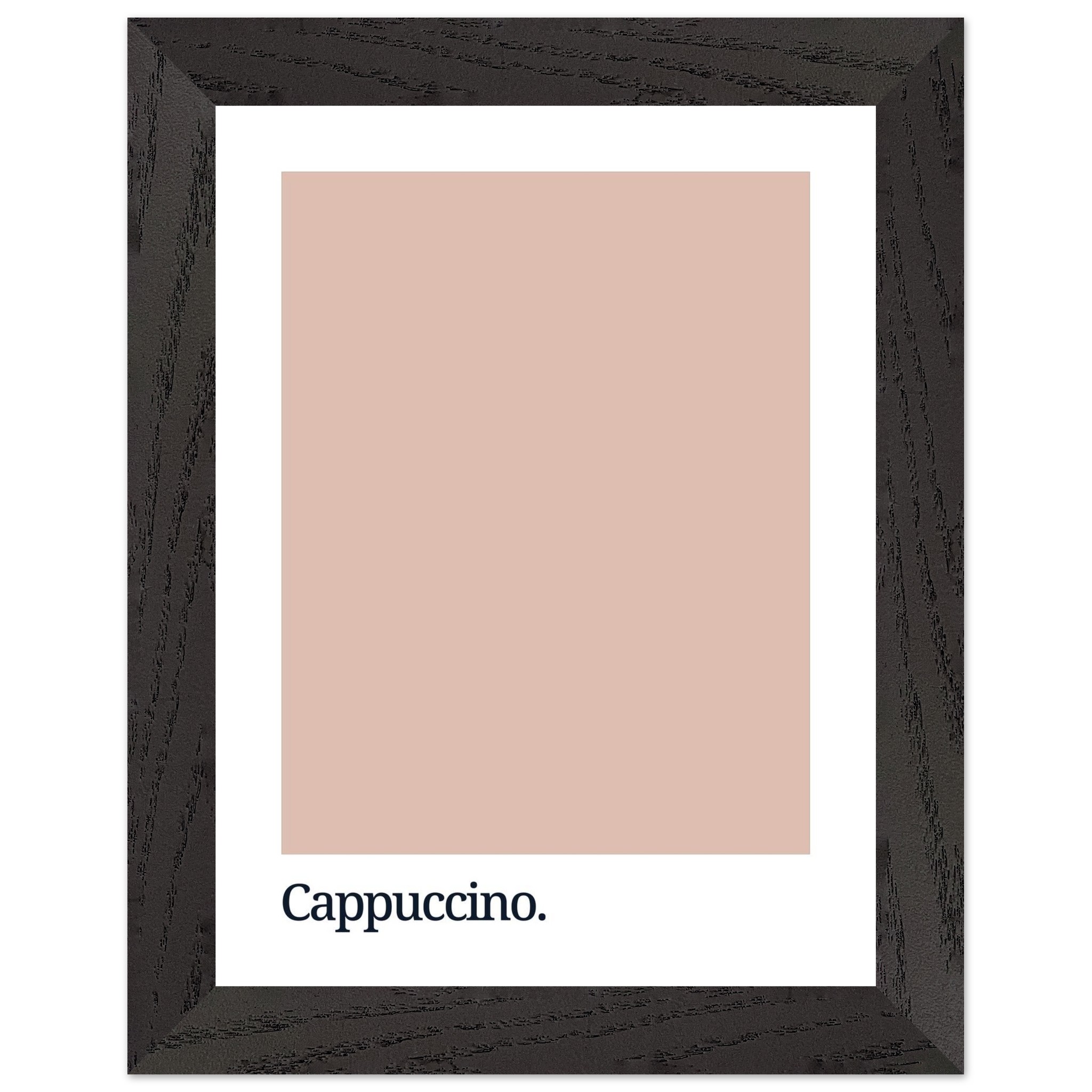 Framed print featuring a soft cappuccino-colored swatch with the word "Cappuccino." in bold black typography at the bottom, set against a white background.