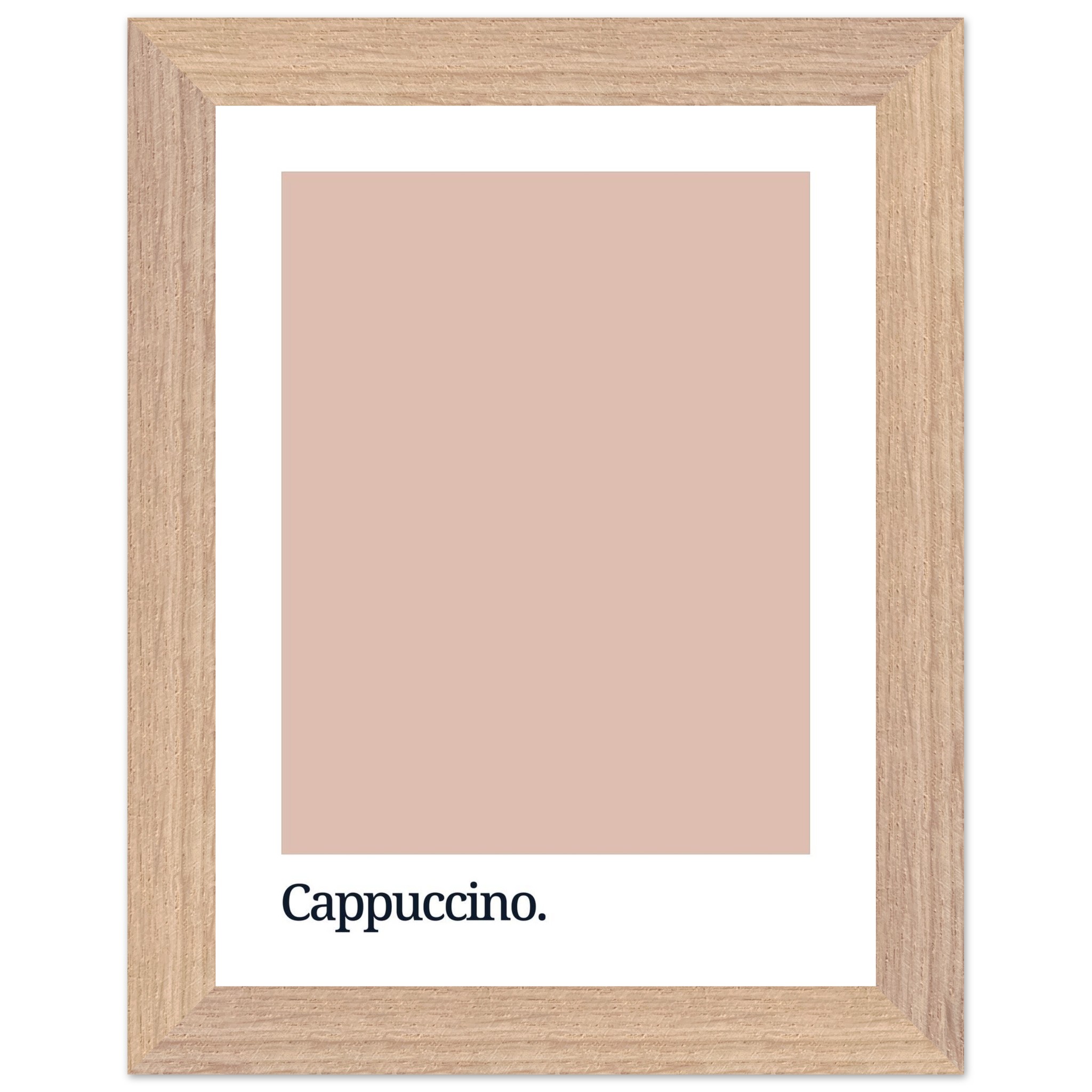 A framed print featuring a soft cappuccino-colored swatch with the word "Cappuccino." in a modern font at the bottom, set against a white background.