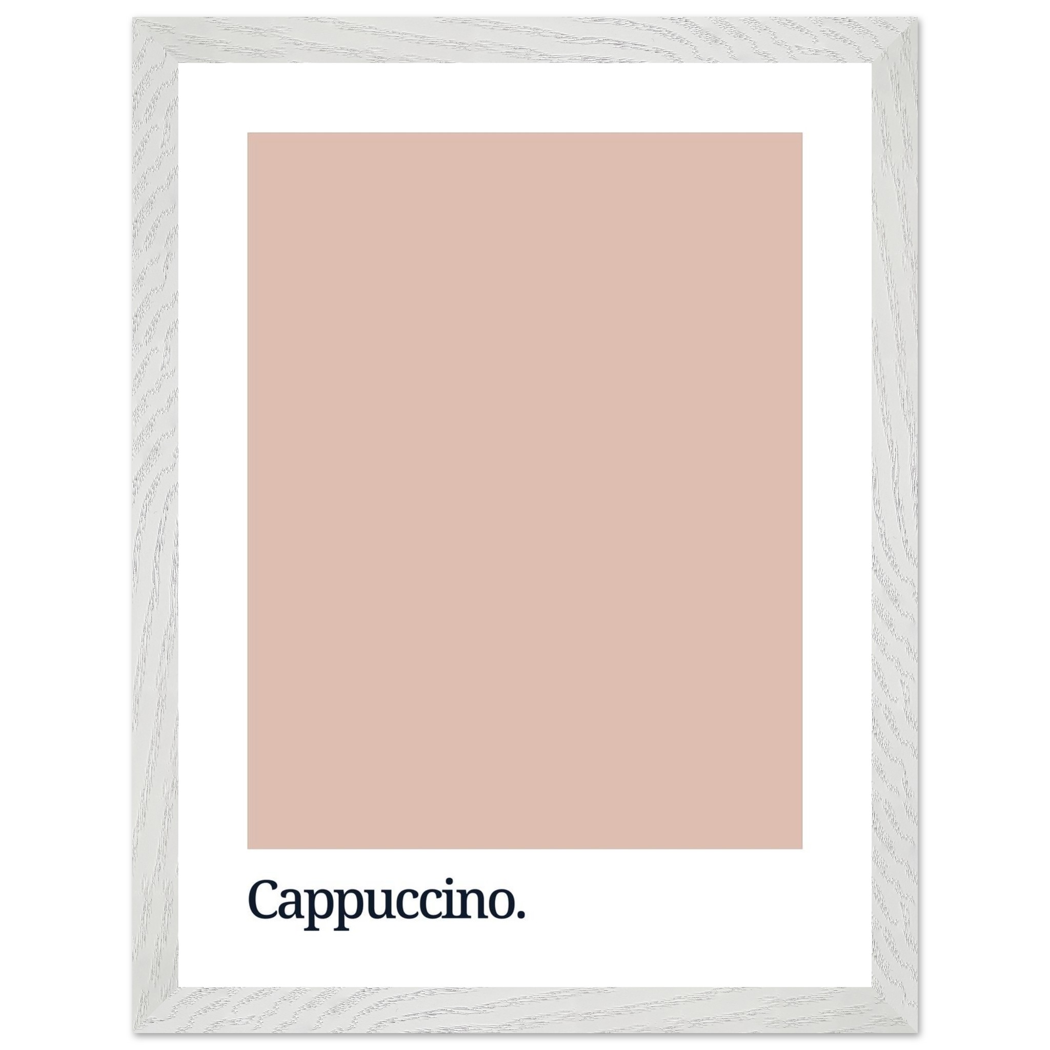 A framed print featuring a soft cappuccino-colored background with the word "Cappuccino." in bold black typography at the bottom, set against a white border.
