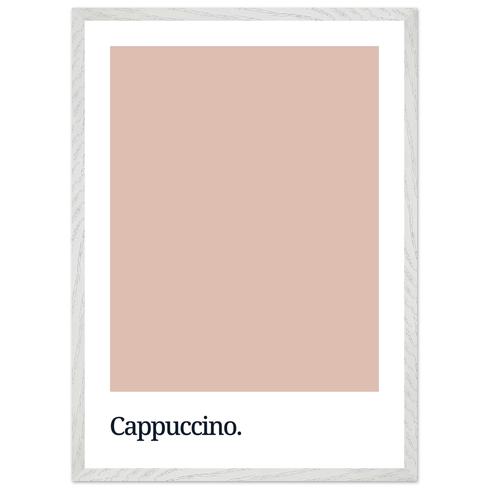 A minimalist wall art print featuring a soft cappuccino-colored background with the word "Cappuccino." in bold black typography at the bottom, framed in a simple white border.