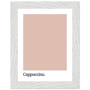 A framed print featuring a soft cappuccino-colored background with the word