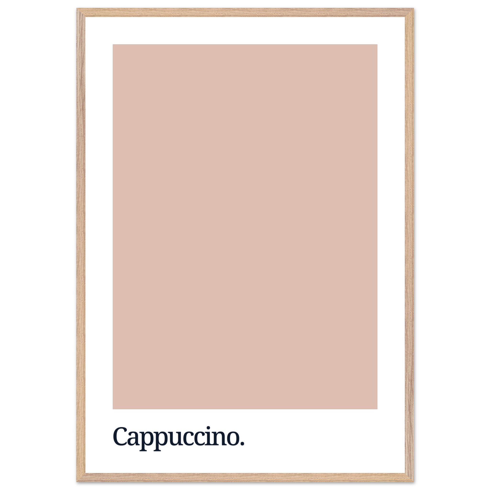 A framed print featuring a soft cappuccino-colored background with the word "Cappuccino." in bold black typography at the bottom, set against a simple white border.