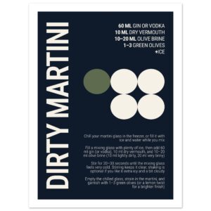 Typography poster with deep navy background and cocktail recipe details.