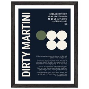 Typography print poster with cocktail recipe on deep navy background.