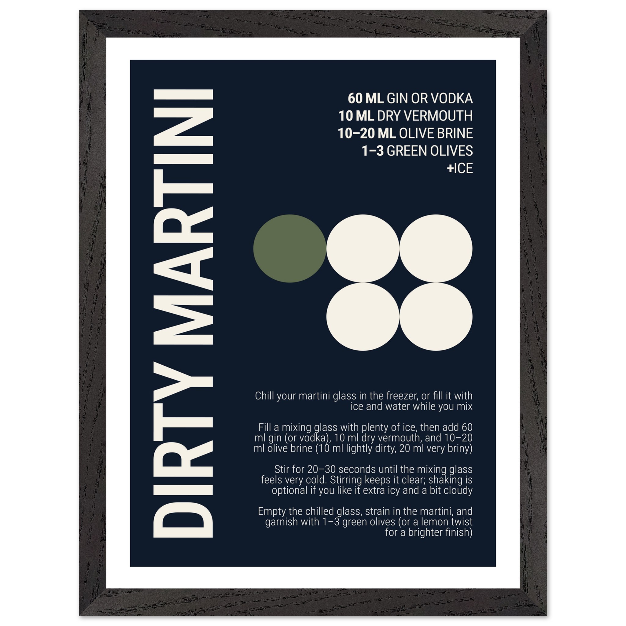 Typography print poster with cocktail recipe on deep navy background.