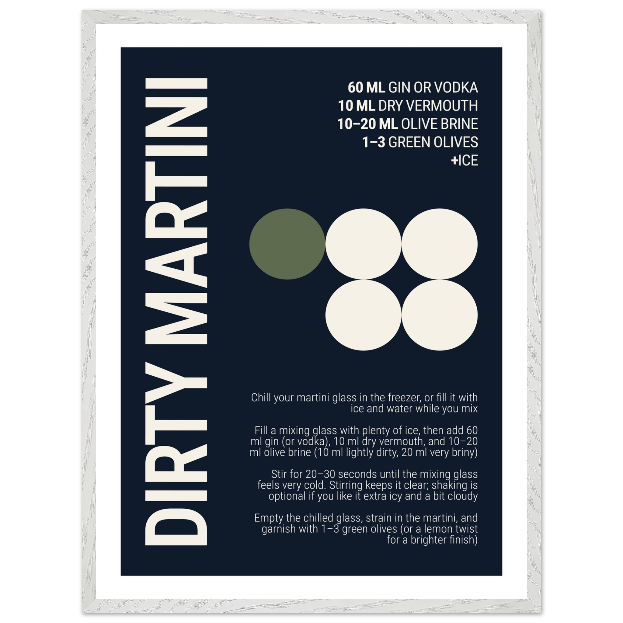 Typography print poster featuring a Dirty Martini recipe on a deep navy background.