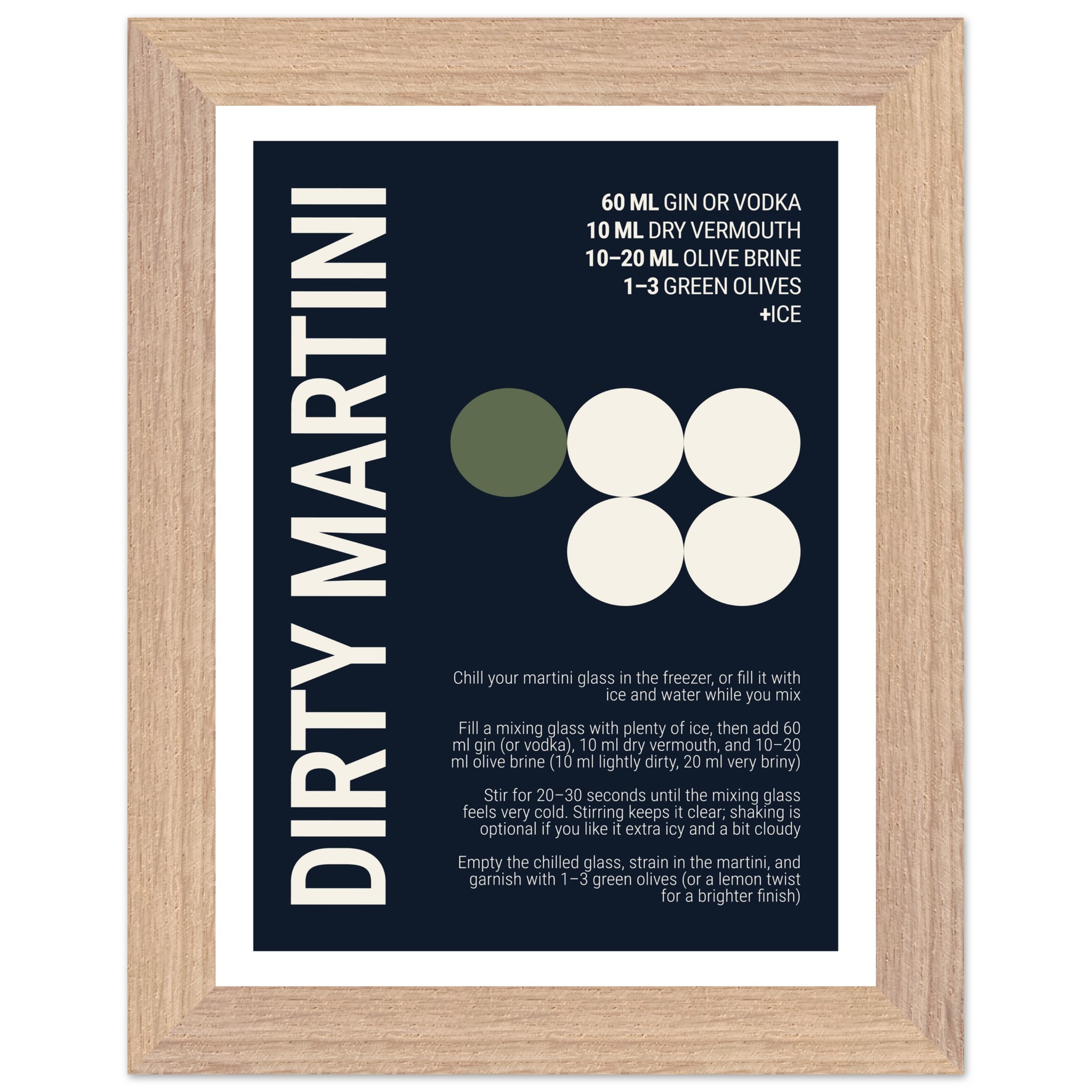 Typography poster with cocktail recipe on deep navy background.