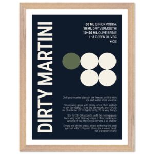 Deep navy poster featuring cocktail recipe details and olives.