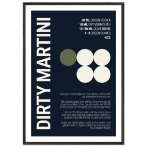 Typography print poster featuring a dirty martini recipe on a deep navy background.