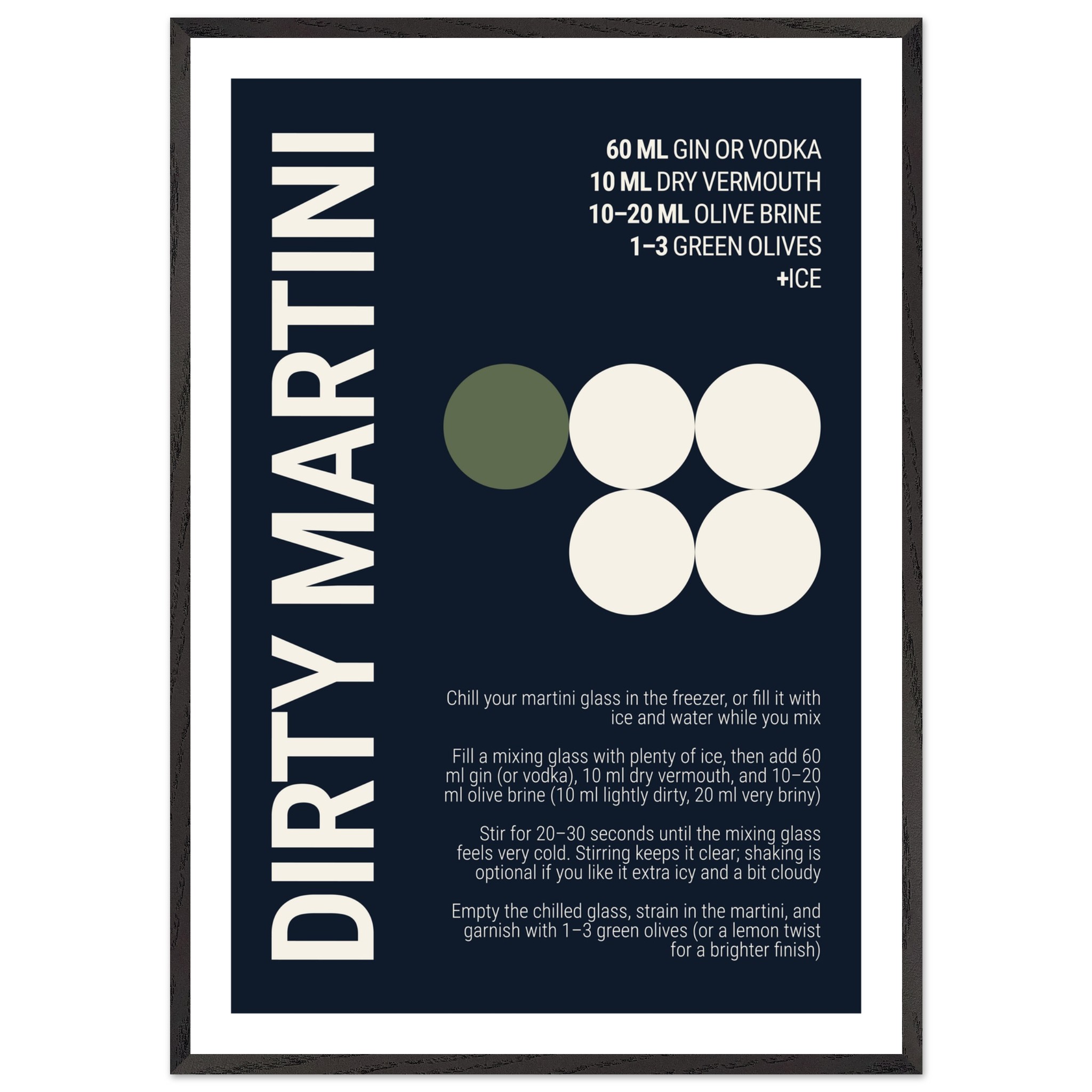 Typography print poster featuring a dirty martini recipe on a deep navy background.