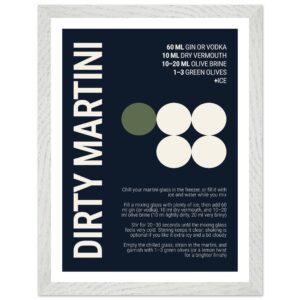 Cocktail recipe poster on deep navy background with white text.